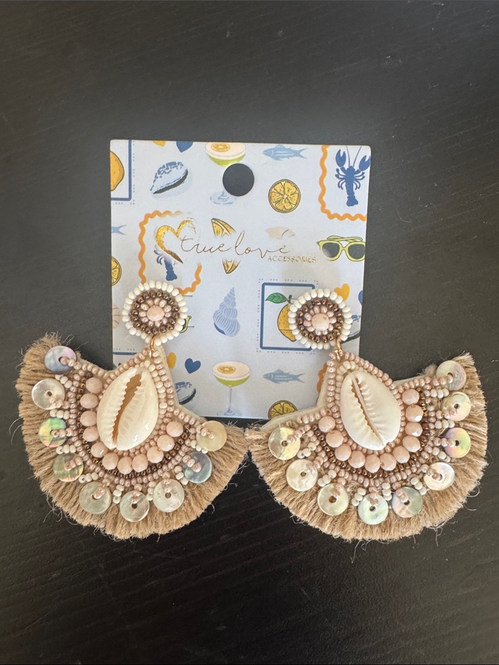 True Love Beige Shell Fringe Statement Earrings